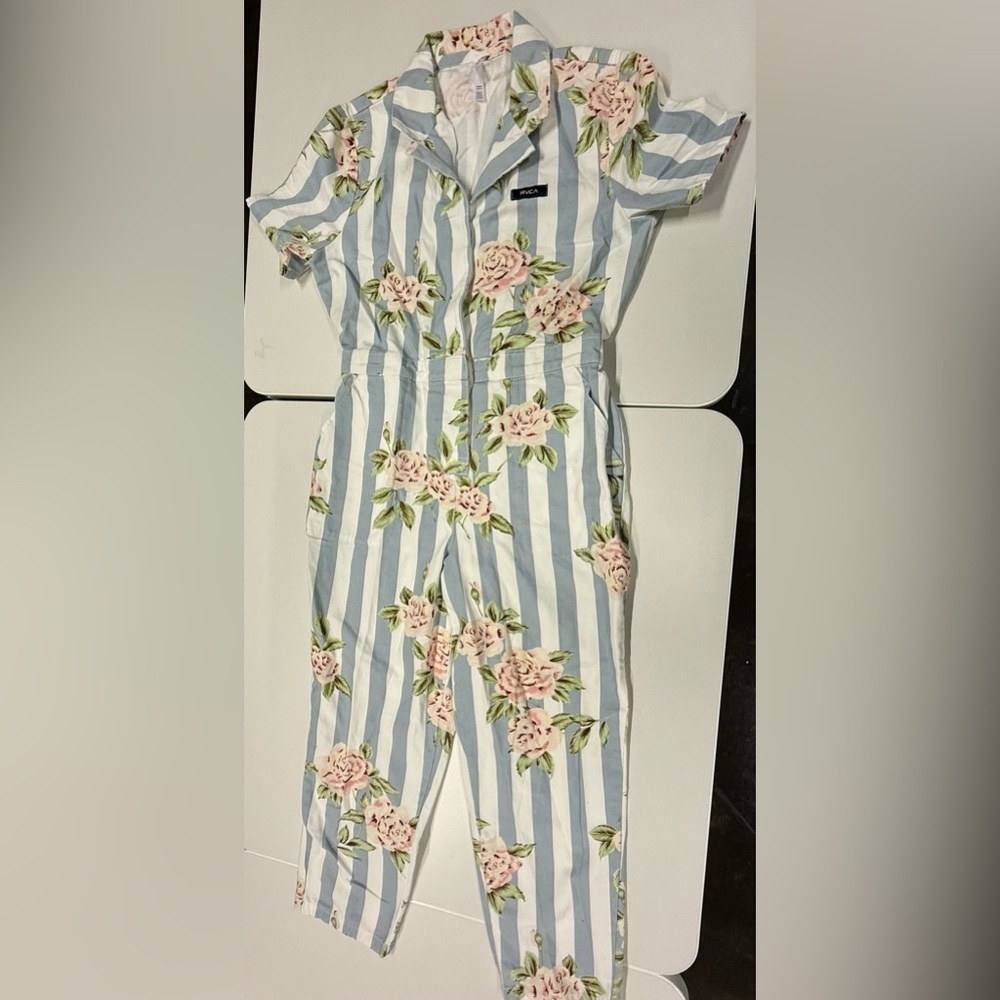 RVCA Blue and White Striped Floral Jumpsuit with Pink Roses